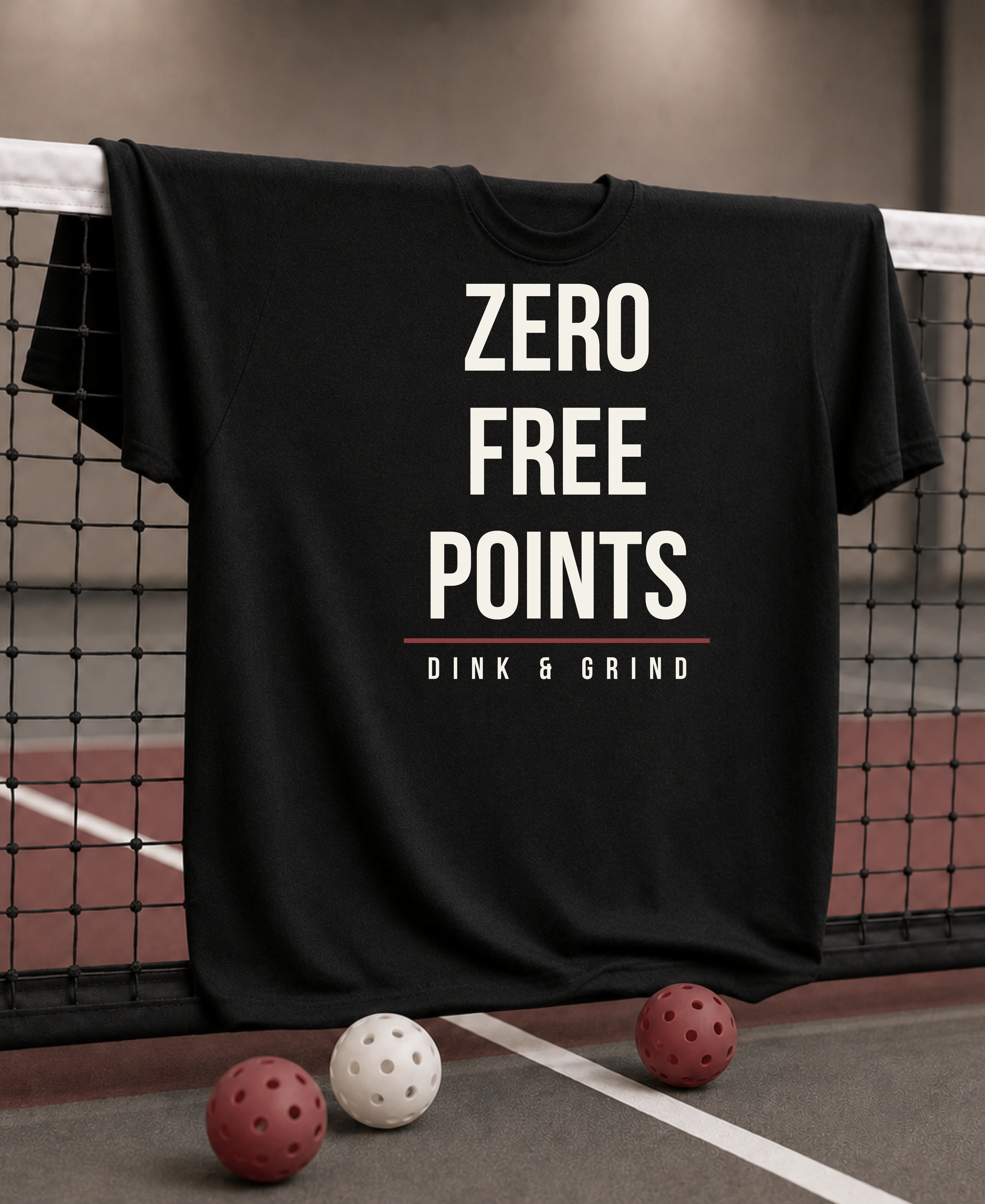 Black t-shirt with 'Zero Free Points Dink & Grind' text on a pickleball court.
