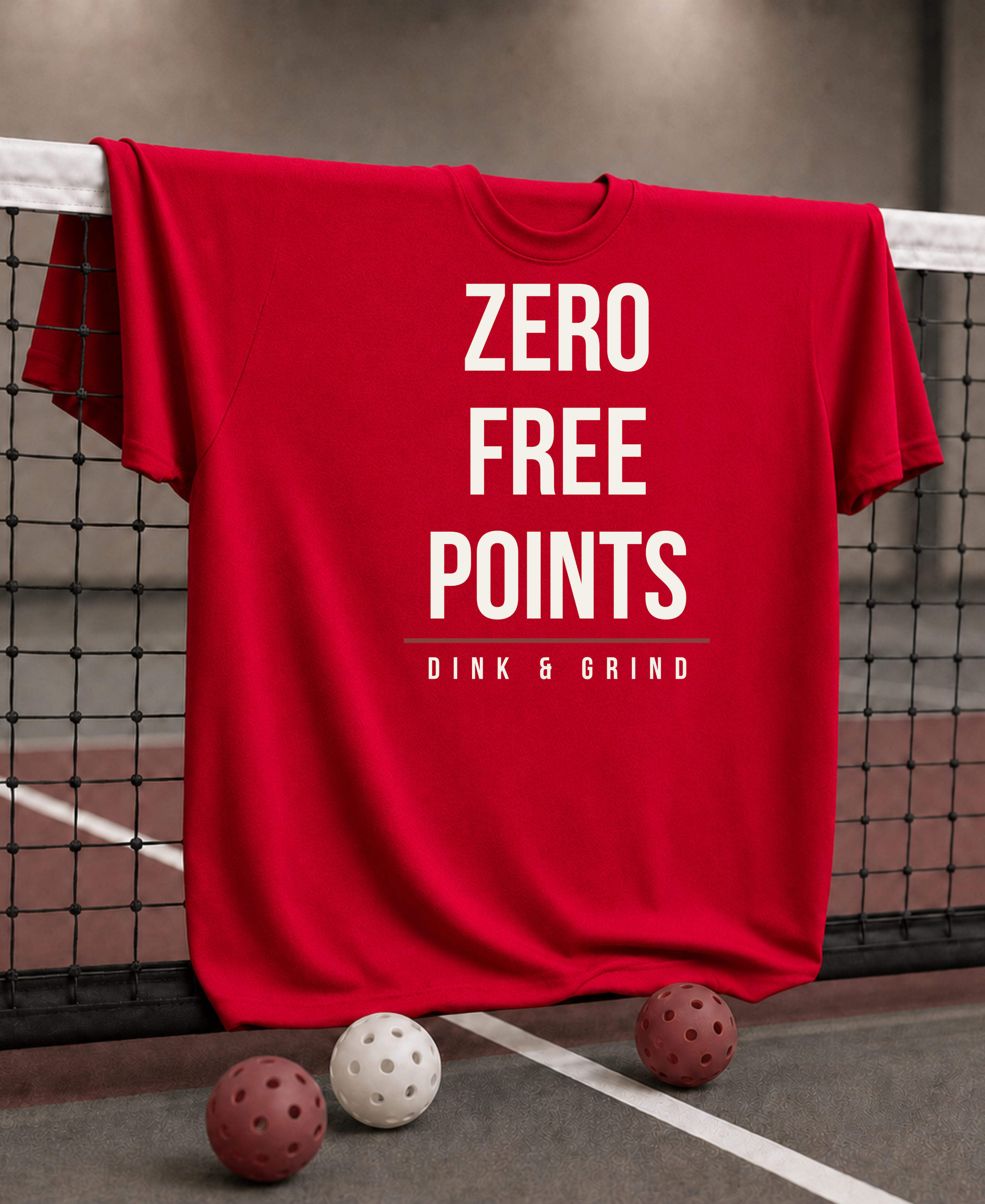 Red t-shirt with 'Zero Free Points Dink & Grind' text on a pickleball court.