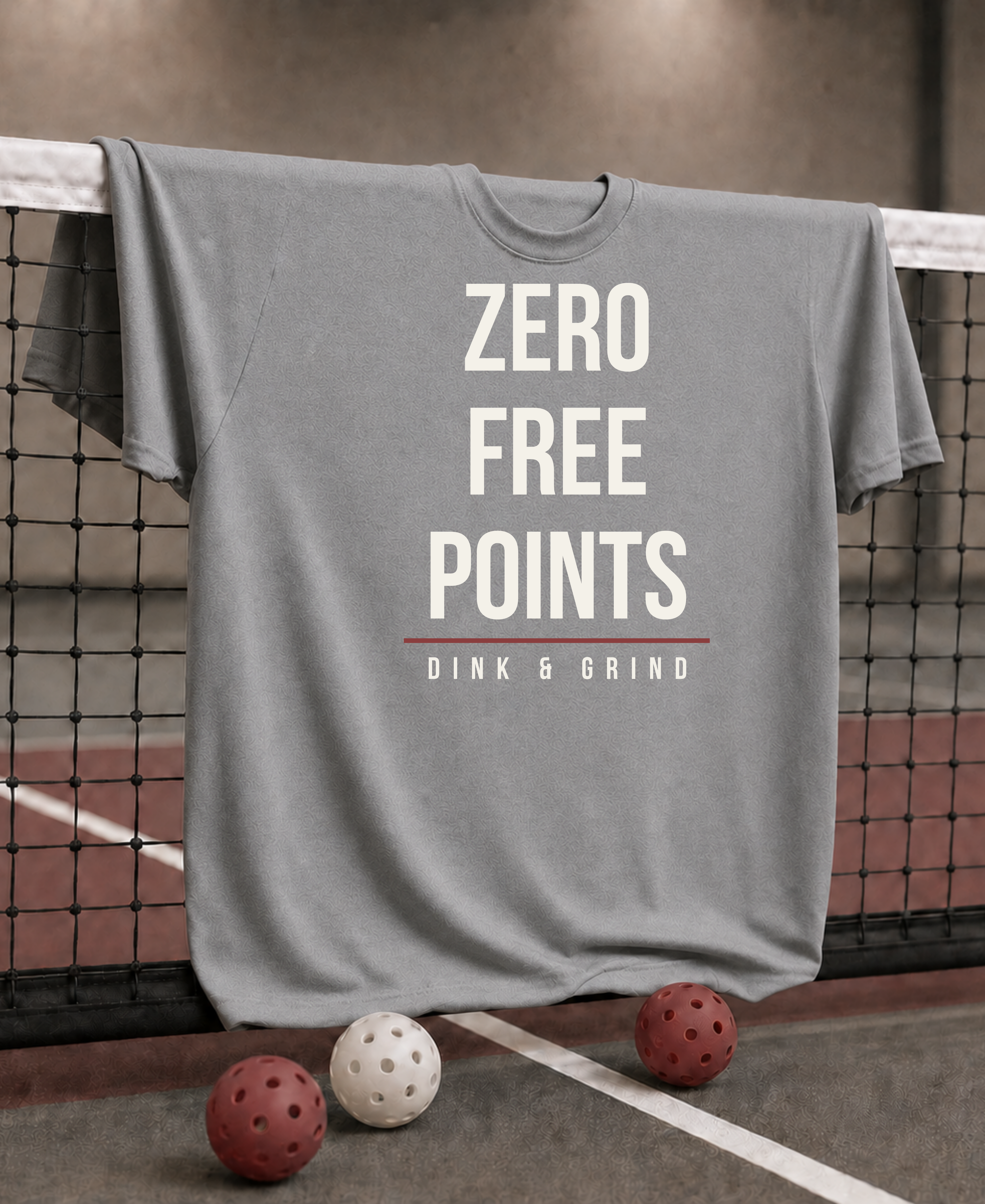 Gray t-shirt with 'Zero Free Points Dink & Grind' text on a pickleball court.
